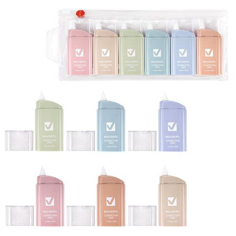 Корректирующая лента BRAUBERG COMPACT PASTEL, 5 мм х 6 м, КОМПЛЕКТ 6 штук, пенал с zip-lock, 272496
