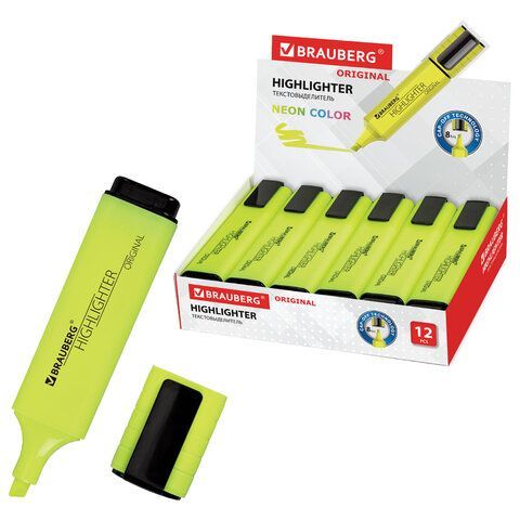 Текстовыделитель BRAUBERG "ORIGINAL NEON", ЖЕЛТЫЙ, линия письма 1-5 мм, 152211
