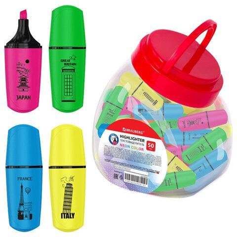Текстовыделитель мини BRAUBERG "NEON Mini", АССОРТИ В ПЛАСТИКОВОЙ БАНКЕ, линия 1-5 мм, 152431