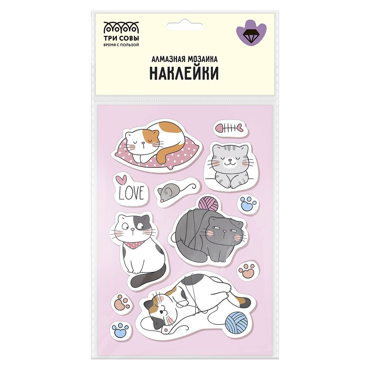 Алмазная мозаика, наклейки ТРИ СОВЫ "Котики", пакет с европодвесом