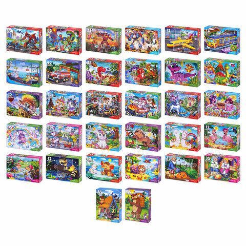 Пазлы картонные 12 элементов + 35 элементов, КОМПЛЕКТ 32 шт., поле 17,5х13 см, РК