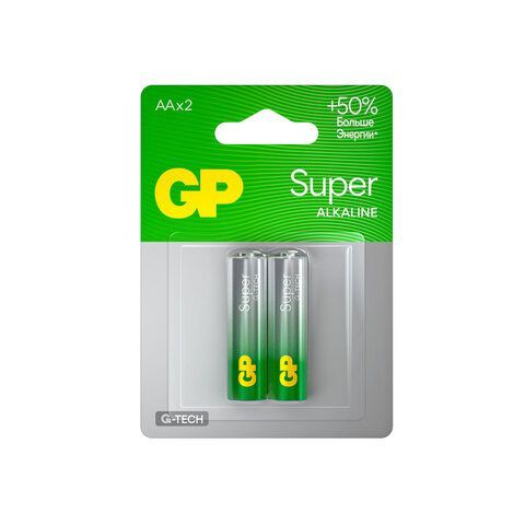Батарейки КОМПЛЕКТ 2 шт., GP Super, AA (LR6, 15А), алкалиновые, пальчиковые, блистер, 15A-2CR2