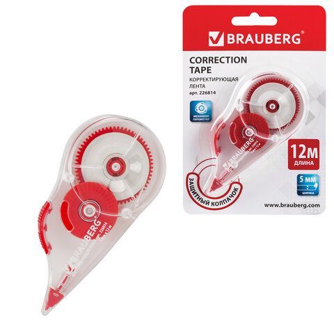 Корректирующая лента BRAUBERG 5 мм х 12 м, корпус прозрачный, механизм перемотки, блистер, 226814