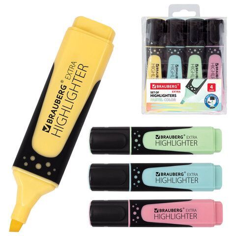 Набор текстовыделителей BRAUBERG 4 шт., АССОРТИ, "EXTRA PASTEL", прорезиненный корпус, линия 1-5 мм, 151756