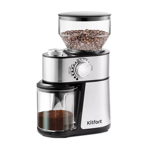 Кофемолка KITFORT КТ-717, мощность 200 Вт, вместимость 100 г, 14 степеней помола, стальная
