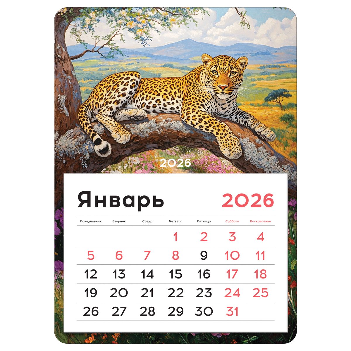 Календарь отрывной на магните, 130*180 мм склейка BG "Леопард", 2026г.