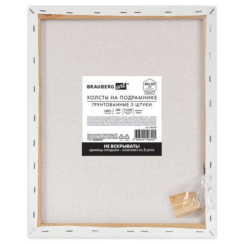 Холсты на подрамнике, набор 3 штуки BRAUBERG ART BASIC 40*50 см, 280 г/м2, хлопок, грунт, 192678