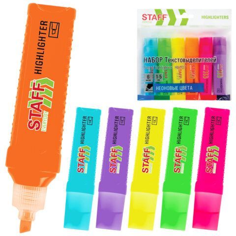 Набор текстовыделителей 6 НЕОНОВЫХ ЦВЕТОВ, STAFF "EVERYDAY HL-707", линия 1-5 мм, скошенный наконечник, 152550