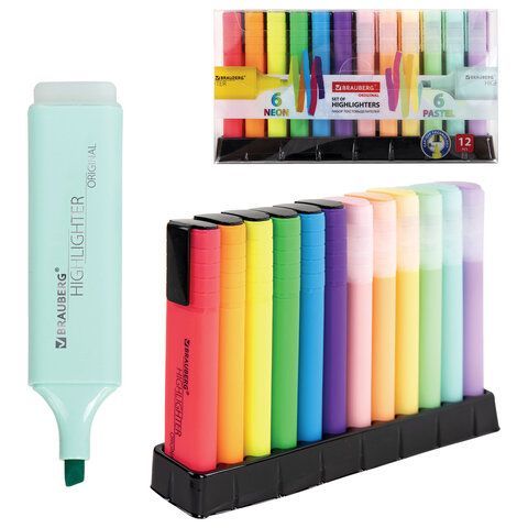 Набор текстовыделителей 12 ЦВЕТОВ на подставке, BRAUBERG "ORIGINAL NEON", линия письма 1-5 мм, 152217