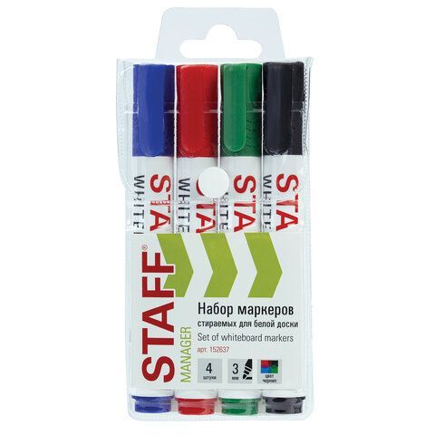 Маркеры стираемые для белой доски, НАБОР 4 ЦВЕТА, STAFF "MANAGER" WBM-300, 3 мм, с клипом, 152637