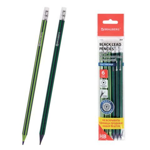 Карандаши чернографитные BRAUBERG НАБОР 6 шт., "Aviator", НВ, с резинкой, пластиковые, корпус ассорти, заточенные, 180632