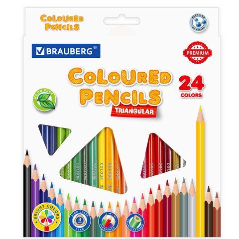 Карандаши цветные BRAUBERG PREMIUM, 24 цвета, пластиковые, трехгранные, грифель мягкий 3 мм, 181663