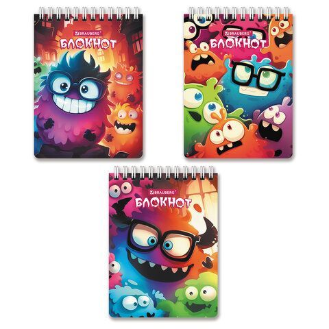 Блокнот МАЛЫЙ ФОРМАТ А6 97х145мм, 60л, гребень, картон, клетка, BRAUBERG МОНСТРИКИ, 116997