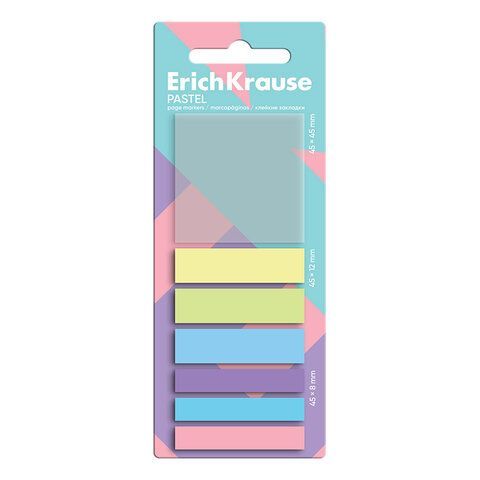 Закладки клейкие ERICH KRAUSE "Pastel", пластиковые, 45x45 мм, 45x12 мм, 45x8 мм, 140 листов, 63164