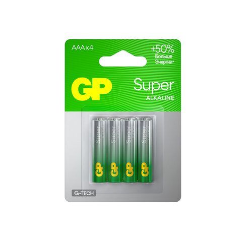 Батарейки КОМПЛЕКТ 4 шт., GP Super, AAA (LR03, 24А), алкалиновые, мизинчиковые, блистер, 24A-2CR4