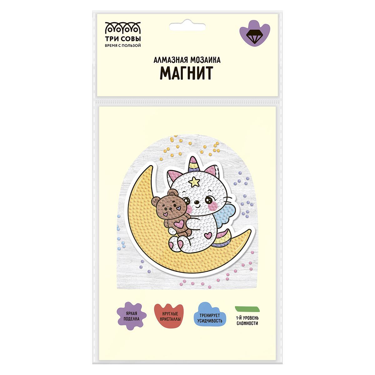 Алмазная мозаика, магнит ТРИ СОВЫ "Котофея", пакет с европодвесом