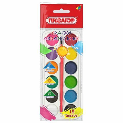 Краски акварельные ПИФАГОР СОЛНЫШКО 12 цветов, круглые кюветы, на коррексе, 192636