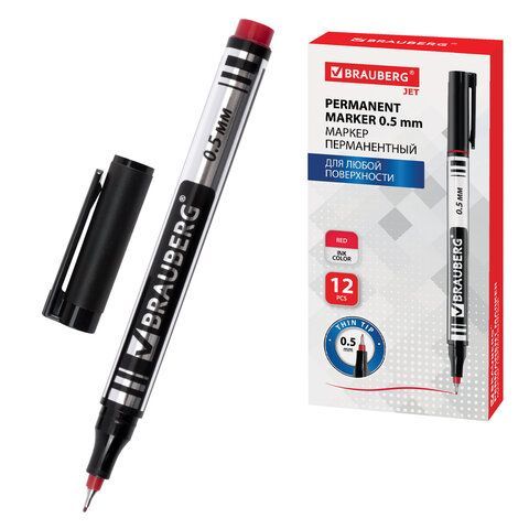 Маркер перманентный BRAUBERG "Jet", КРАСНЫЙ, супертонкий металлический наконечник 0,5 мм, 150509