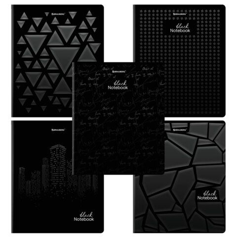 Тетрадь А5, 48 л., BRAUBERG, скоба, клетка, матовая ламинация, выборочный лак, "Black", 404375