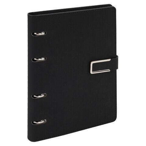 Тетрадь на кольцах А5, 180х220 мм, 120 л., под кожу soft-touch, застежка, BRAUBERG SHADE, черный, 405246