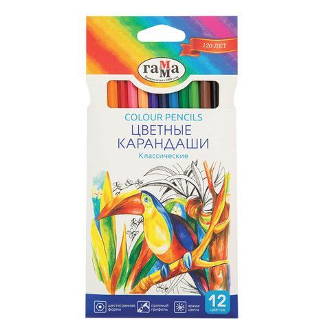 Карандаши цветные ГАММА "Классические", 12 цветов, шестигранные, натуральное дерево, 050918_02_02