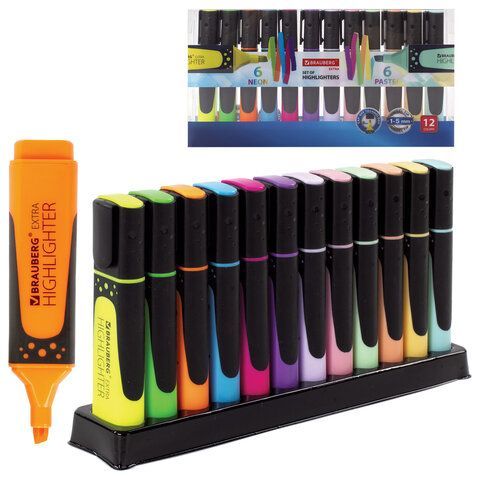 Набор текстовыделителей 12 ЦВЕТОВ на подставке, BRAUBERG "EXTRA", прорезиненный корпус, линия 1-5 мм, 151758