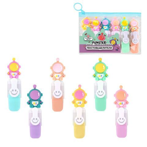 Набор текстовыделителей с топперами 6 ЦВЕТОВ ПАСТЕЛЬ, "КОСМО", линия 1-4 мм, FUNSTER (ФАНСТЕР), 152654