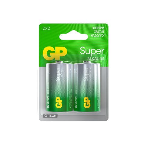 Батарейки GP Super, D (LR20, 13А), алкалиновые, КОМПЛЕКТ 2 шт., блистер, 13A-2CR2