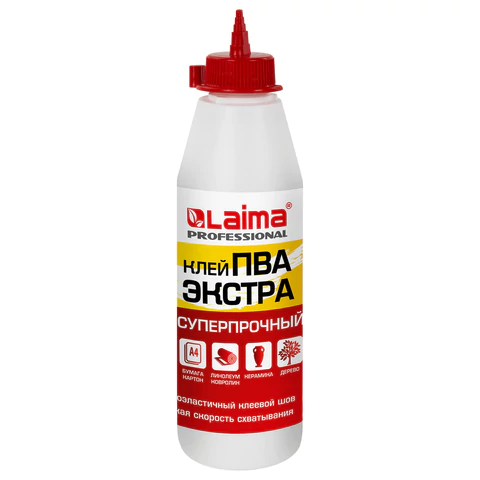 Клей ПВА Экстра Суперпрочный 0,5 кг (керамика, ткань, кожа, дерево, бумага, картон), LAIMA, 606430