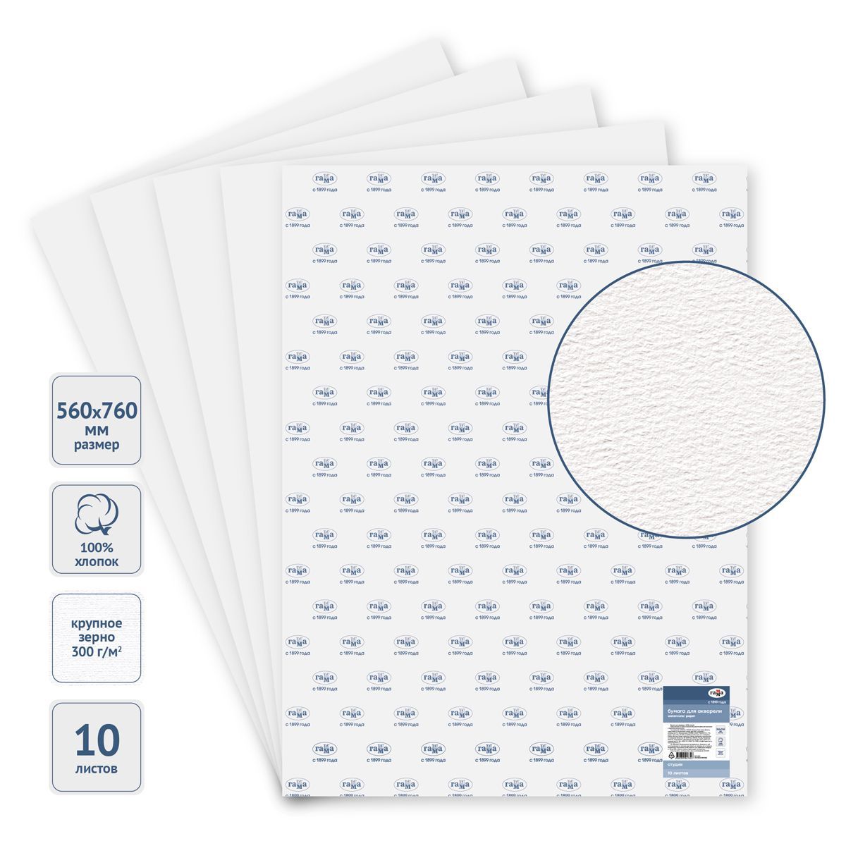 Бумага для акварели, 10л., 560*760мм, Гамма "Студия", 300г/м2, крупное зерно, 100% хлопок
