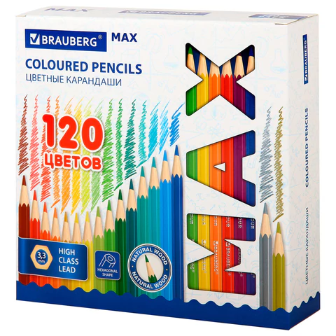 Карандаши цветные супермягкие яркие классические BRAUBERG MAX 120 цветов, шестигранные, натуральное дерево, грифель 3,3 мм, 182006