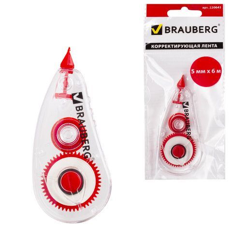 Корректирующая лента BRAUBERG "Red Power", 5 мм х 6 м, корпус прозрачный, механизм перемотки, европодвес, 220641