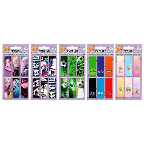 Закладки для книг МАГНИТНЫЕ, "АССОРТИ 5 ДИЗАЙНОВ", набор 6 штук, 60x20 мм, FUNSTER, 116652