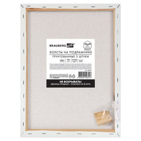 Холсты на подрамнике, набор 3 штуки BRAUBERG ART BASIC 30*40 см, 280 г/м2, хлопок, грунт, 192677