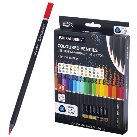 Карандаши цветные чёрное дерево BRAUBERG BLACK WOOD, 36 цветов, мягкий грифель 3 мм, 182042
