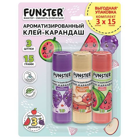 Клей-карандаш ароматизированный FUNSTER (ФАНСТЕР) (яблоко, арбуз, виноград), 15 г, ВЫГОДНАЯ УПАКОВКА, 3 штуки на блистере, 274270