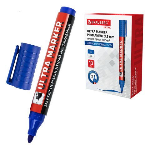 Маркер перманентный ULTRA MARKER, СИНИЙ, 3,5 мм, с клипом, BRAUBERG, 152206