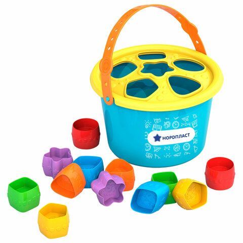 Игра - сортер дидактическая "Ведерко-сортер", пластиковая, 12 формочек, НОРДПЛАСТ, 310