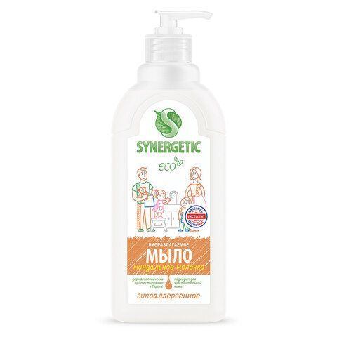 Мыло жидкое 500 мл SYNERGETIC "Миндальное молочко", гипоаллергенное, биоразлагаемое, дозатор, 105058 