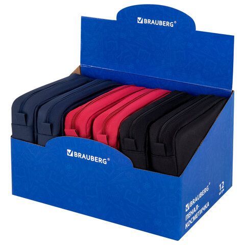 Пенал мягкий BRAUBERG, 2 отделения, ассорти 3 цвета, Basic, 19х9х4 см, дисплей, 273611