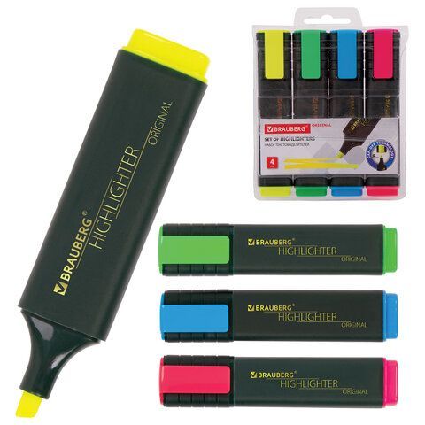 Набор текстовыделителей 4 ЦВЕТА, BRAUBERG "ORIGINAL", линия письма 1-5 мм, 151689