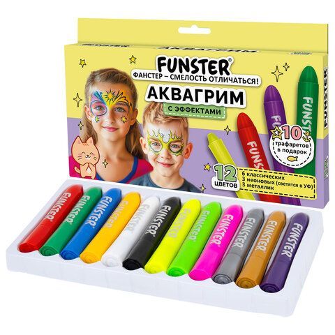 Аквагрим для лица и тела, 12 цветов (6 классических+3 неон+3 метал), 10 трафаретов, FUNSTER, 192575