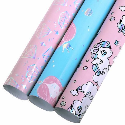 Бумага упаковочная подарочная ФОЛЬГИРОВАННАЯ НАБОР 3 шт., "Cute Set", 70х100 см, ЗОЛОТАЯ СКАЗКА, 591939