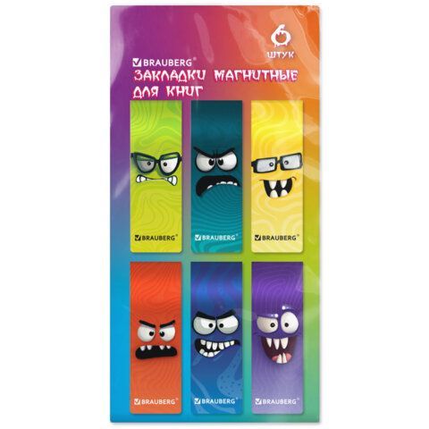 Закладки для книг МАГНИТНЫЕ, BRAUBERG "CUTE MONSTERS", набор 6 штук, 60x20 мм, 116995