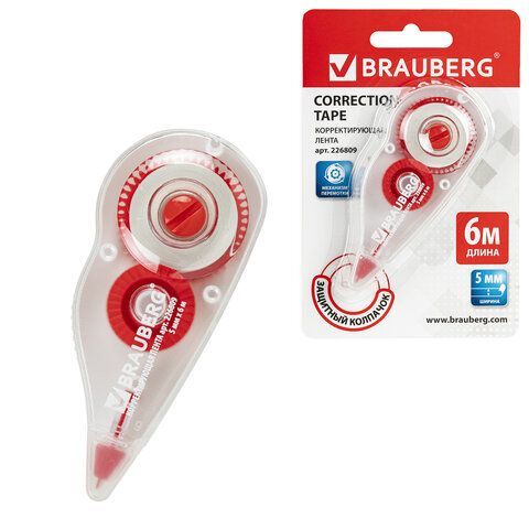 Корректирующая лента BRAUBERG, 5 мм х 6 м, корпус красный, механизм перемотки, блистер, 226809