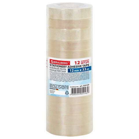 Клейкие ленты 12 мм х 33 м канцелярские BRAUBERG, комплект 12 шт., прозр., гарант. длина, 223123