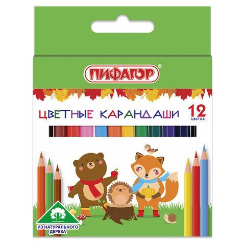 Карандаши цветные ПИФАГОР "МАЛЫШИ-КАРАНДАШИ", 12 цветов, укороченные, заточенные, 181344