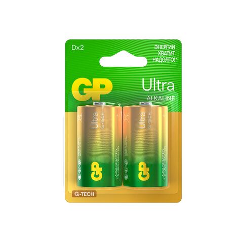 Батарейки GP Ultra, D (LR20, 13А), алкалиновые, КОМПЛЕКТ 2 шт., блистер, 13AU-CR2