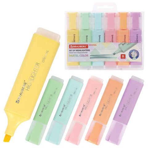 Набор текстовыделителей 6 ЦВЕТОВ, BRAUBERG "ORIGINAL PASTEL", линия письма 1-5 мм, 151698