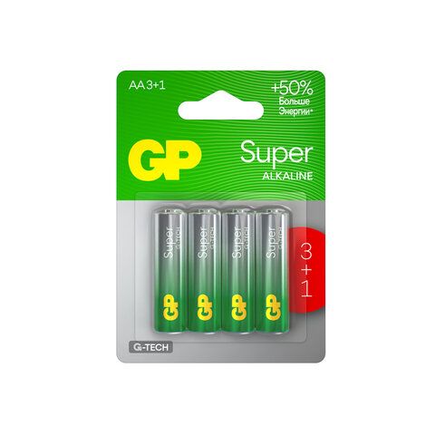 Батарейки GP Super, AA (LR6, 15А), алкалиновые, пальчиковые, КОМПЛЕКТ 4 шт., ПРОМО 3+1, 15A3/1-2CR4